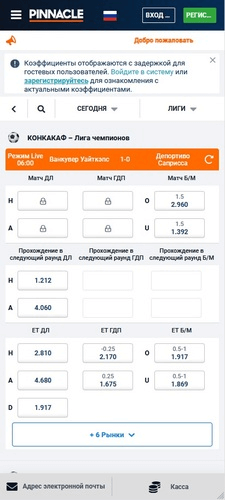 Спортивная линия в конторе Pinnacle