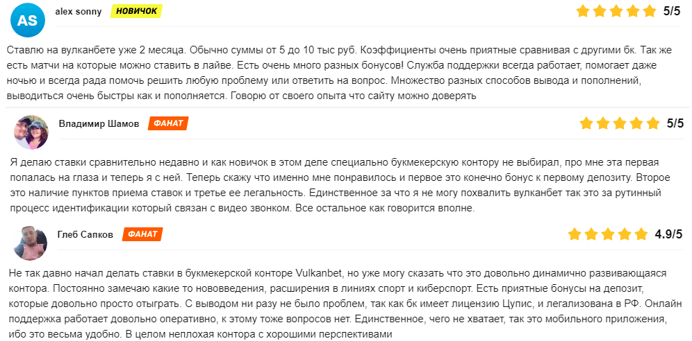 Отзывы о бонусах БК Vulcan