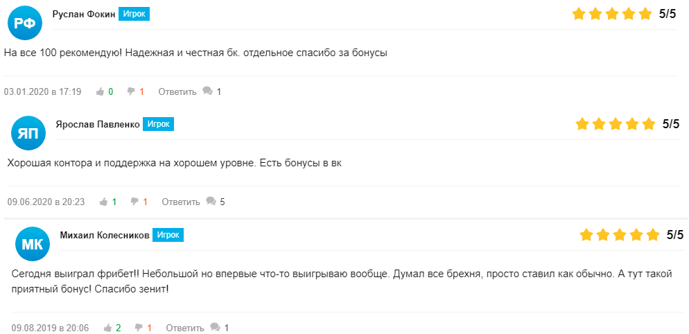 Отзывы о бонусах БК Зенит